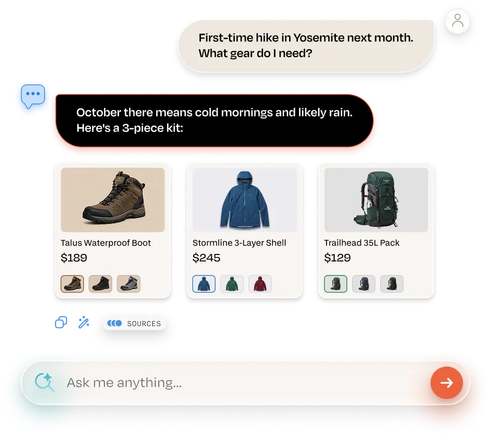 Ecommerce visitor using an AI shopping assistant to ask a product question on a storefront