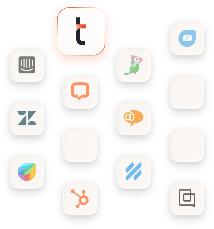 Talkbar logo highlighted in a grid of Crisp chat alternative platforms including Intercom, Zendesk, HubSpot, Help Scout and other customer messaging tools.