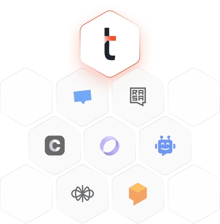 Talkbar logo highlighted at the top of a hexagonal honeycomb grid filled with competing chatbot platform logos including Botpress and Rasa.