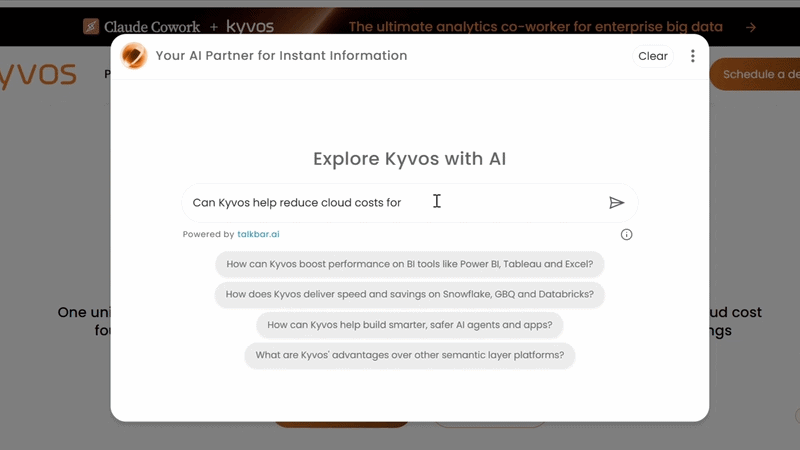 Live Talkbar widget on the Kyvos website preparing a response to the visitor question "Can Kyvos help reduce cloud costs for BI workloads".