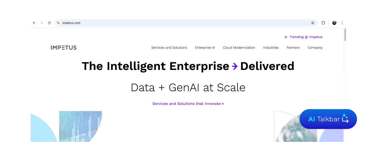 Impetus homepage with the "AI Talkbar" launcher button anchored at the bottom right.