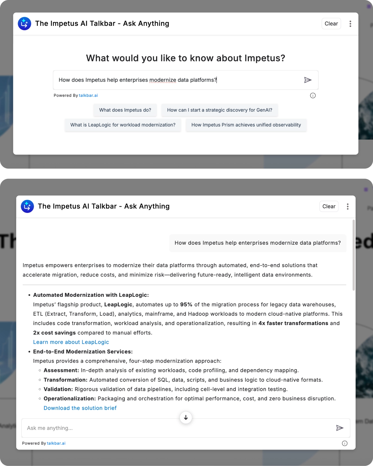 Impetus AI Talkbar open with the prompt "What would you like to know about Impetus?" and suggested visitor questions about LeapLogic, GenAI discovery, and Prism observability.