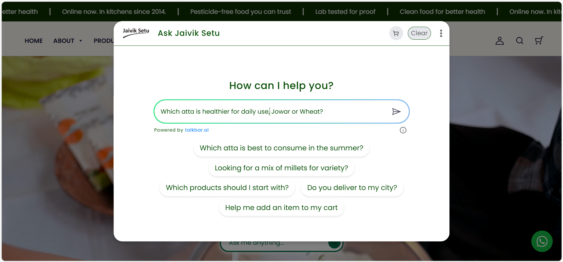 Impetus AI Talkbar open with the prompt "What would you like to know about Impetus?" and suggested visitor questions about LeapLogic, GenAI discovery, and Prism observability.